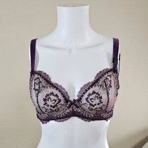 Dita Von Teese Evelina Aubergine Plum Unlined Embroidered Bra, Size 38B
